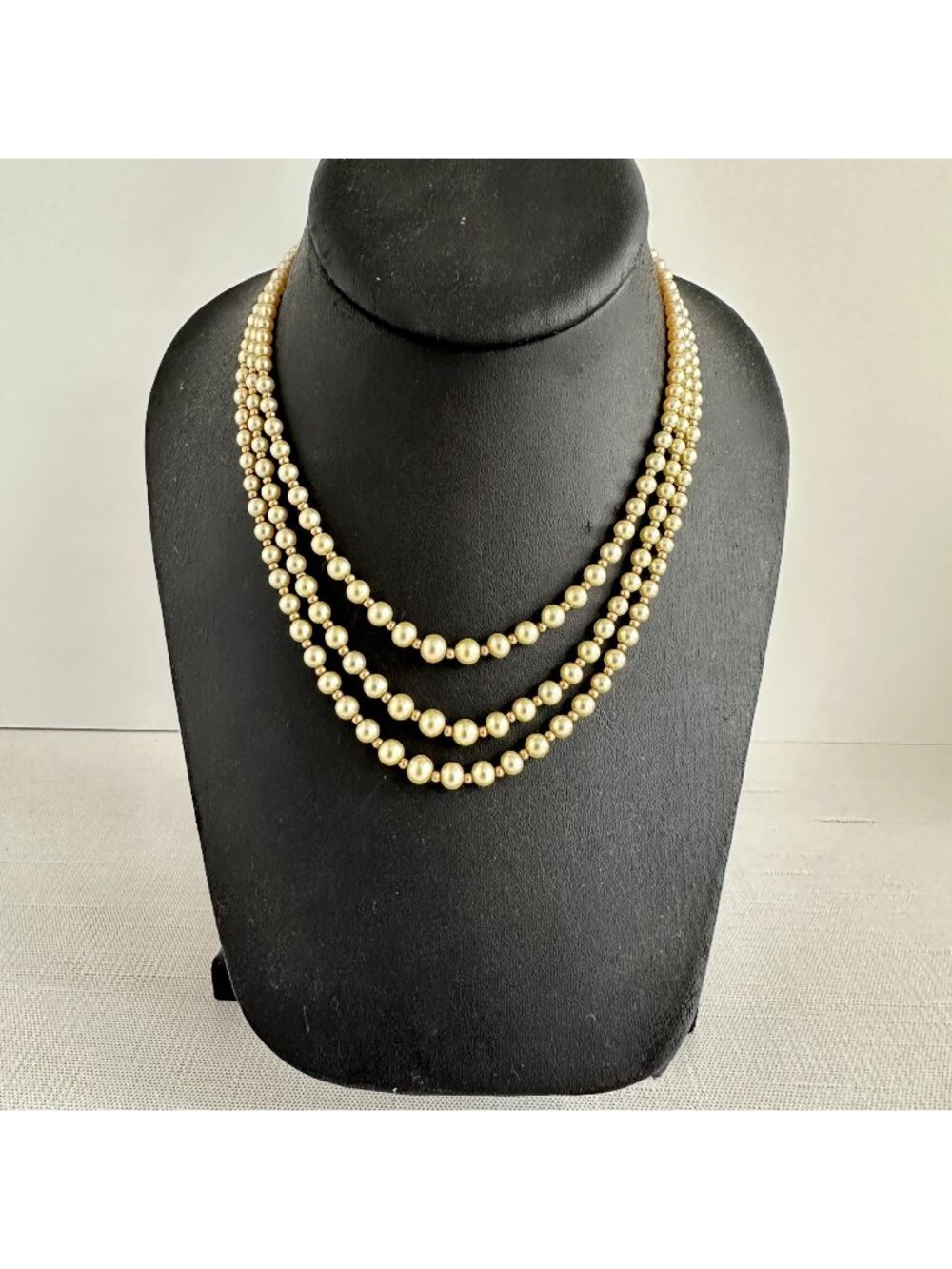 Delicate Three-Strand Faux Pearl Necklace with Ornate Silver-Tone Box Clasp 14 I